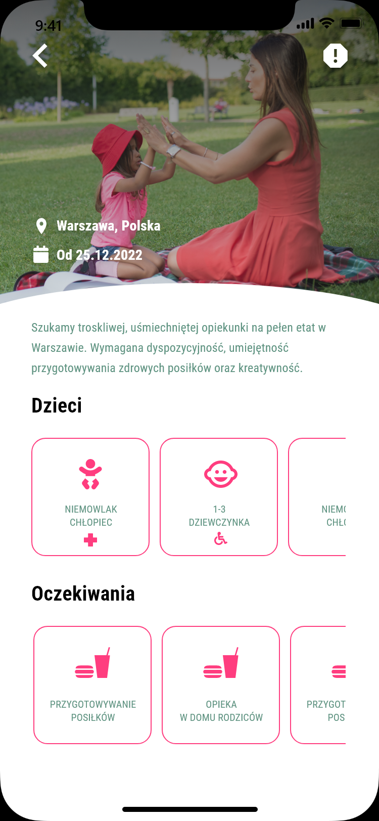 Ekran ogłoszenia o pracę dodanego przez rodzica w aplikacji Szukam Niani