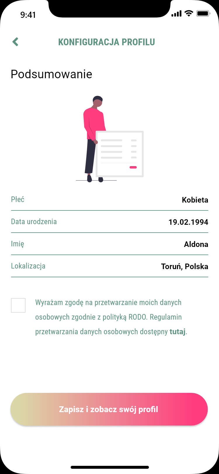 Ekran podsumowania konfiguracji profilu opiekunki w aplikacji Szukam Niani